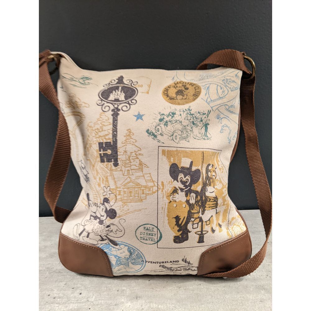 Disney Parks Vintage Style Mickey Mouse Crossbody Canvas Bag Brown Leather Trim - Picture 2 of 4
